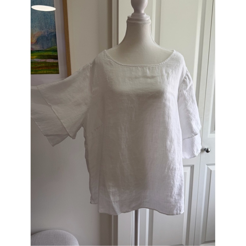 Lord & Taylor Tiered Flutter Sleeve 100% Linen Blouse White Womens 2X Coastal